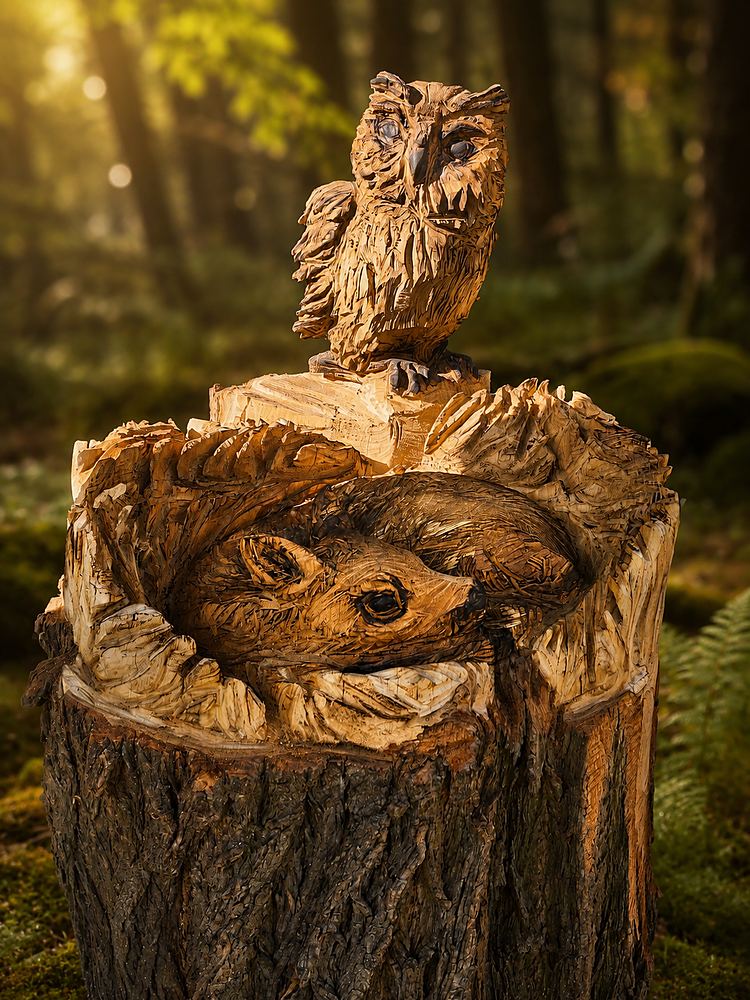 Fertig geölte Eulen- und Rehskulptur