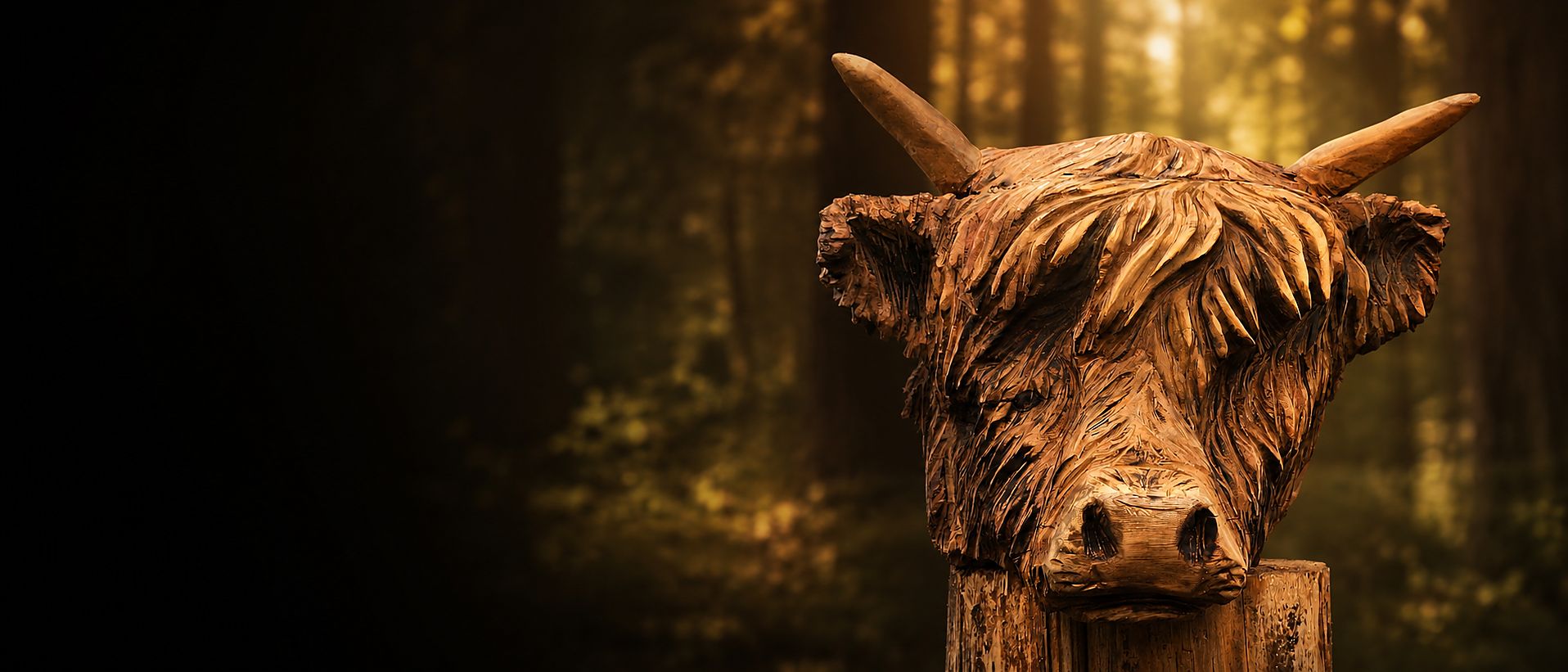 Highland-Skulptur aus Holz im Abendwald