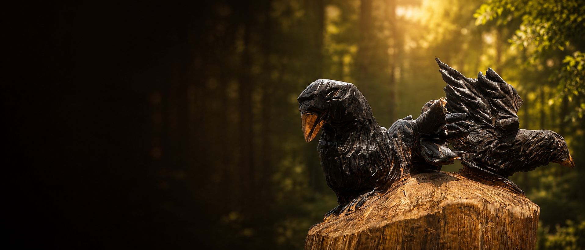 Krähenskulpturen aus Holz auf einem Stamm im Abendwald